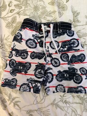 Boy’s Navy & White Motorcycle Print Swim Trunks